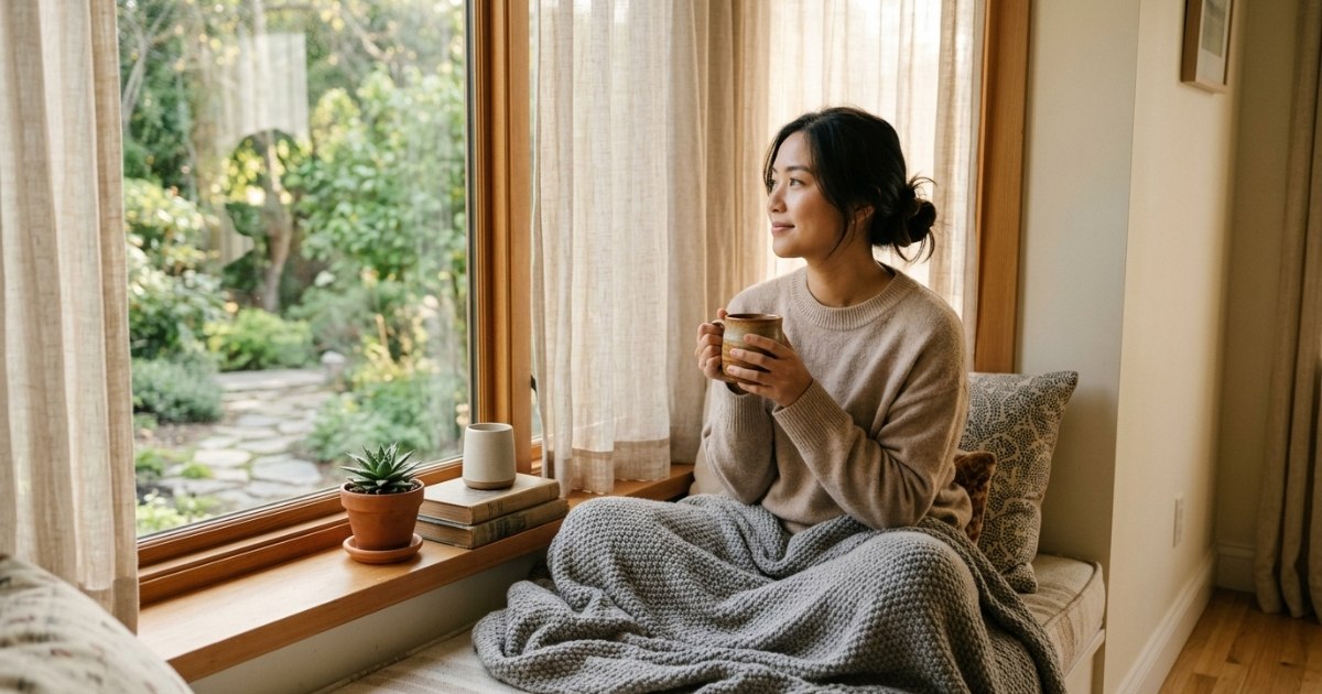 A young woman sits quietly by a window with a cup of tea, morning light softly touching her. A silent, peaceful atmosphere depicting mental rest without pressure.