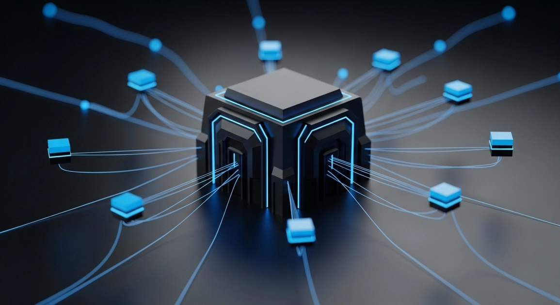 A minimalist 3D visualization featuring a digital distribution center or central hub connected to various points, in a modern industrial style with neon blue accents.