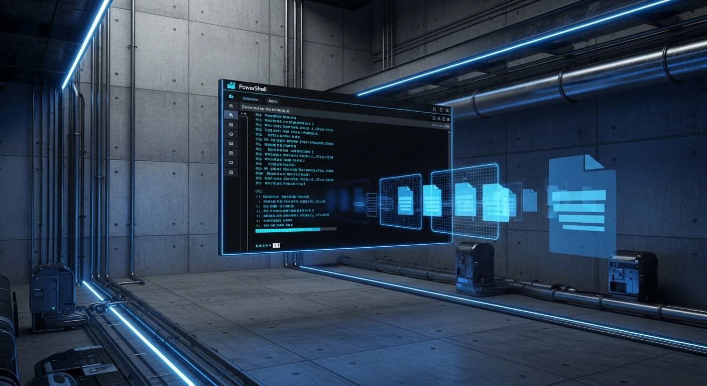 A modern PowerShell terminal floating inside an industrial factory environment made of concrete and steel, showcasing digital file automation with blue neon light effects.